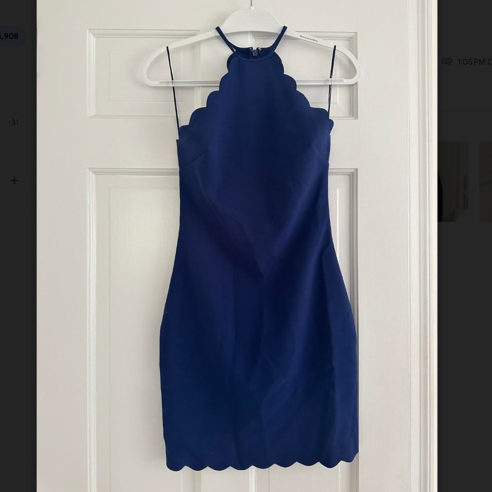 Likely Blue Scalloped Neck Halter Dress